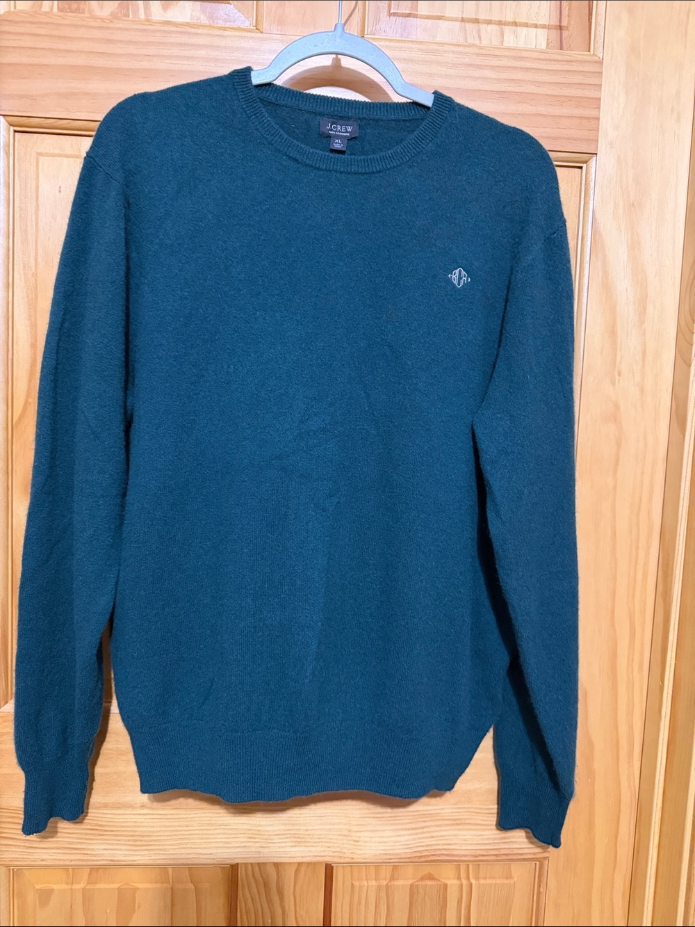 J. Crew Cashmere Men's Deep Teal/Forest Green Crewneck Sweater, Size XL.  Flawed